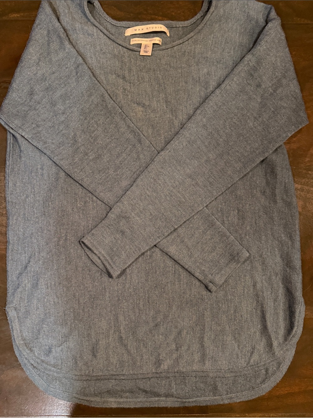 100% Extra Fine Merino Wool. Max Studio Women's Slate Blue Crewneck Sweater